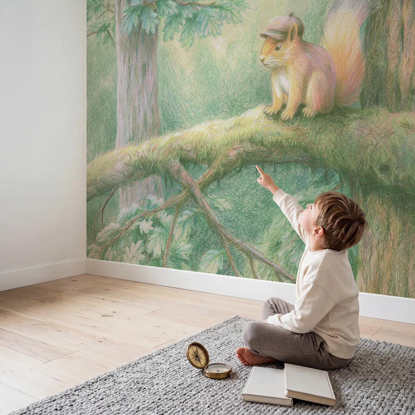 Child in nursery with Squirrel in the Treetops Wallpaper Mural by Whimsy Tots