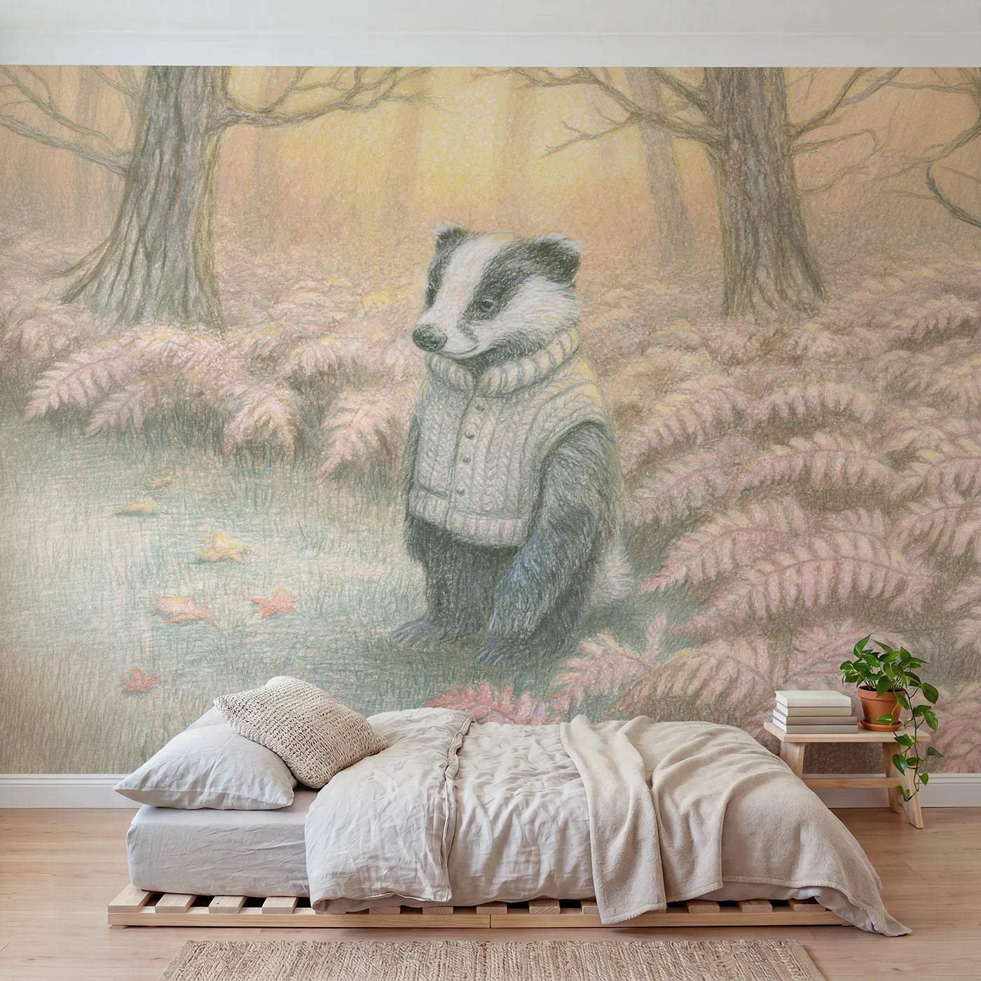 Colored pencil wall mural of a badger in a vest in the woods by Whimsy Tots