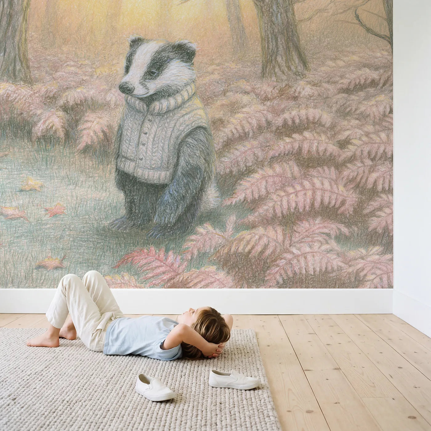 Child in nursery with Gentle Woodland Badger Wallpaper Mural by Whimsy Tots