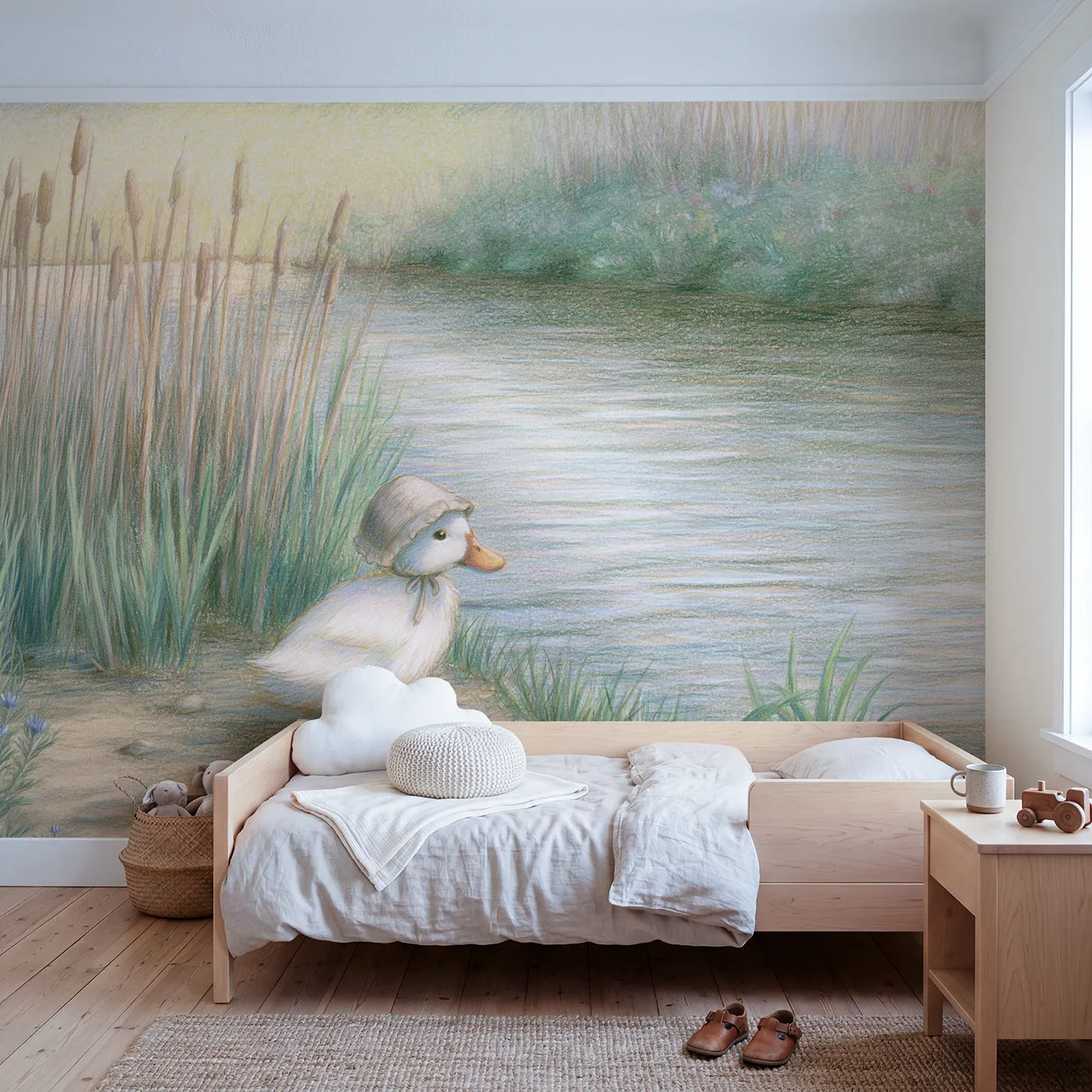 Colored pencil wall mural of a duck in a bonnet by a pond on sage by Whimsy Tots