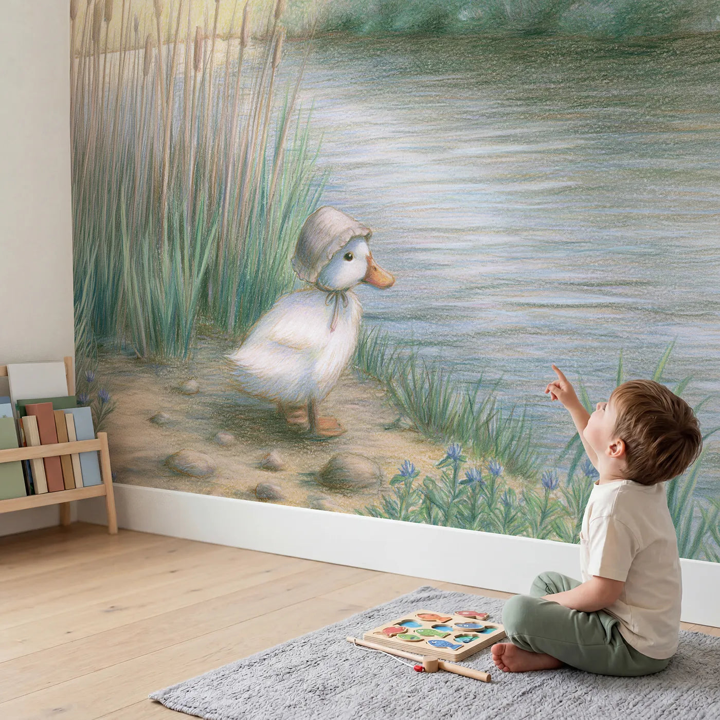 Child in nursery with Duck by the Pond Wallpaper Mural by Whimsy Tots
