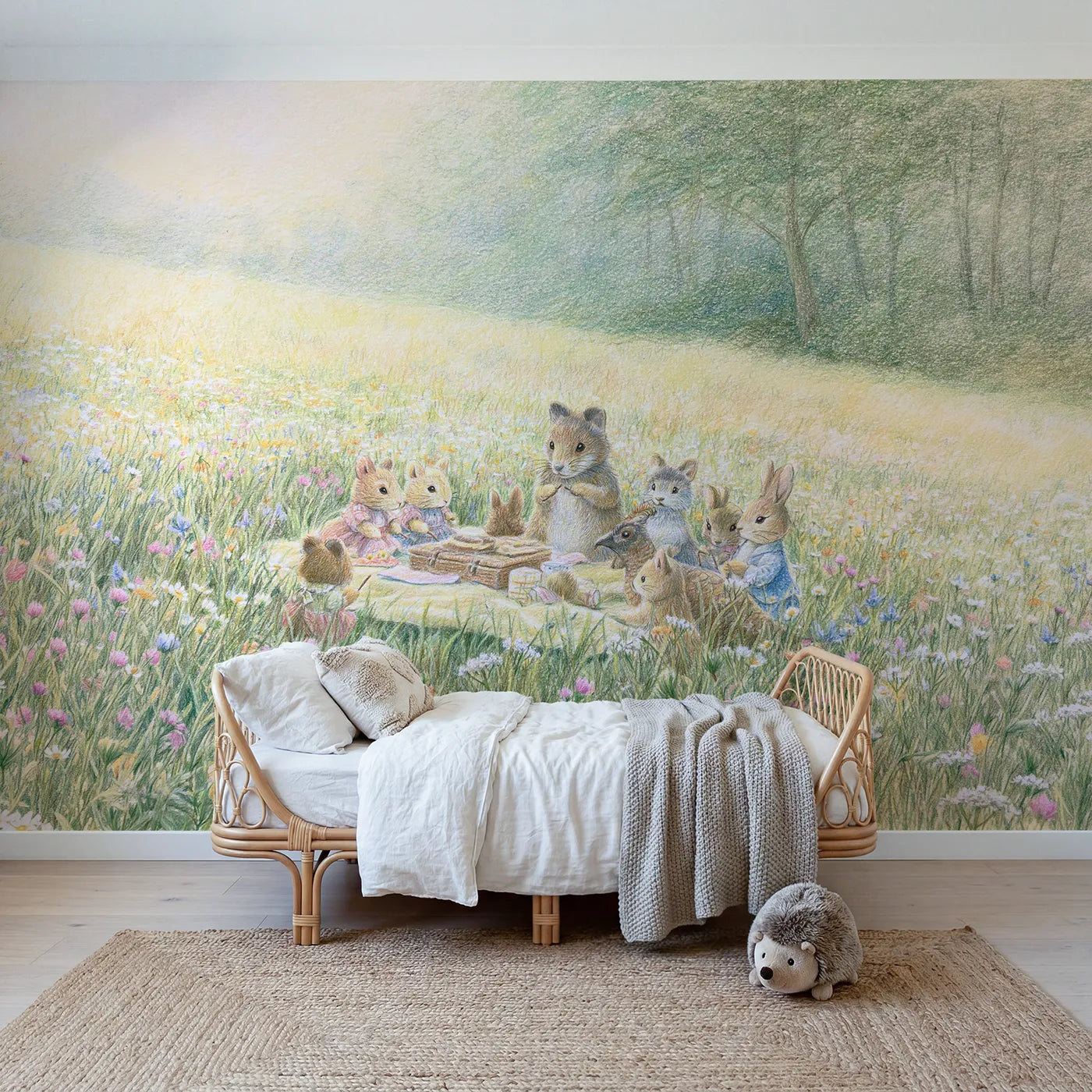 Colored pencil wall mural of a woodland picnic on pale sage by Whimsy Tots