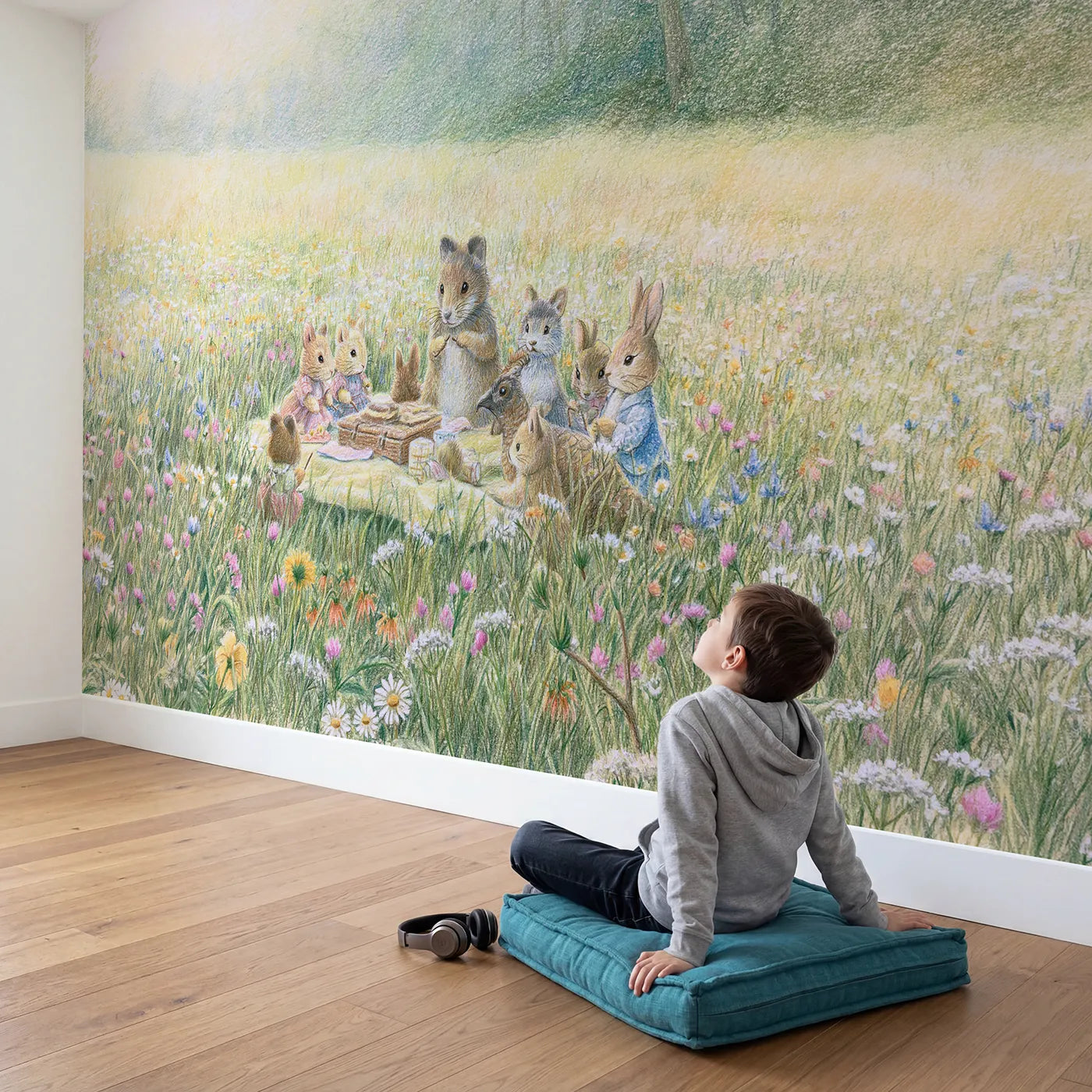 Child in nursery with Woodland Animal Picnic Wallpaper Mural by Whimsy Tots