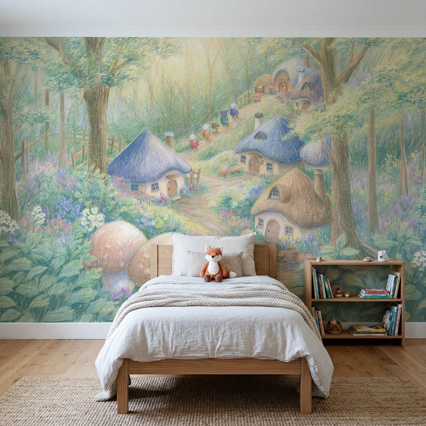 Colored pencil wall mural of a mushroom village on warm putty by Whimsy Tots