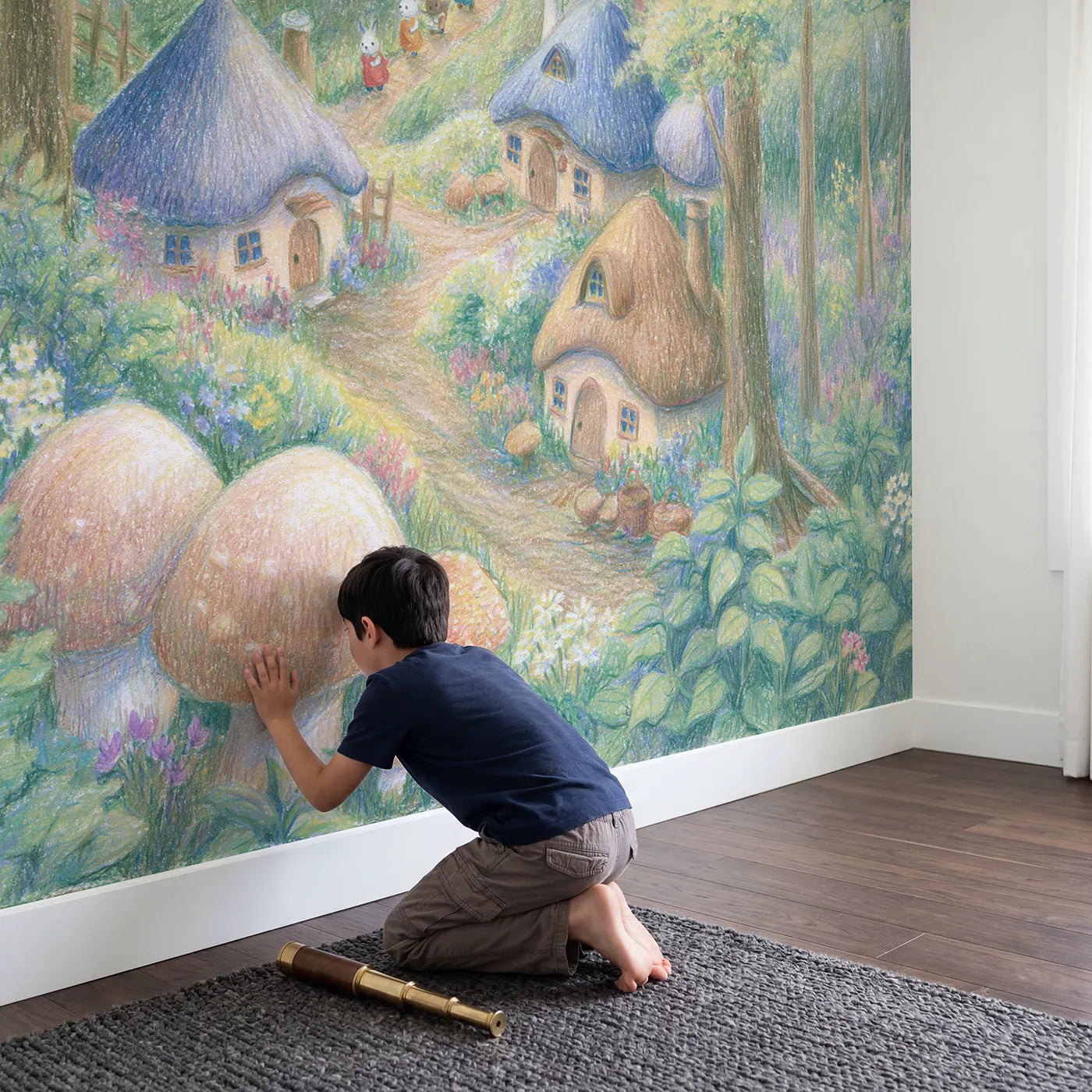 Child in nursery with Cozy Mushroom Village Wallpaper Mural by Whimsy Tots