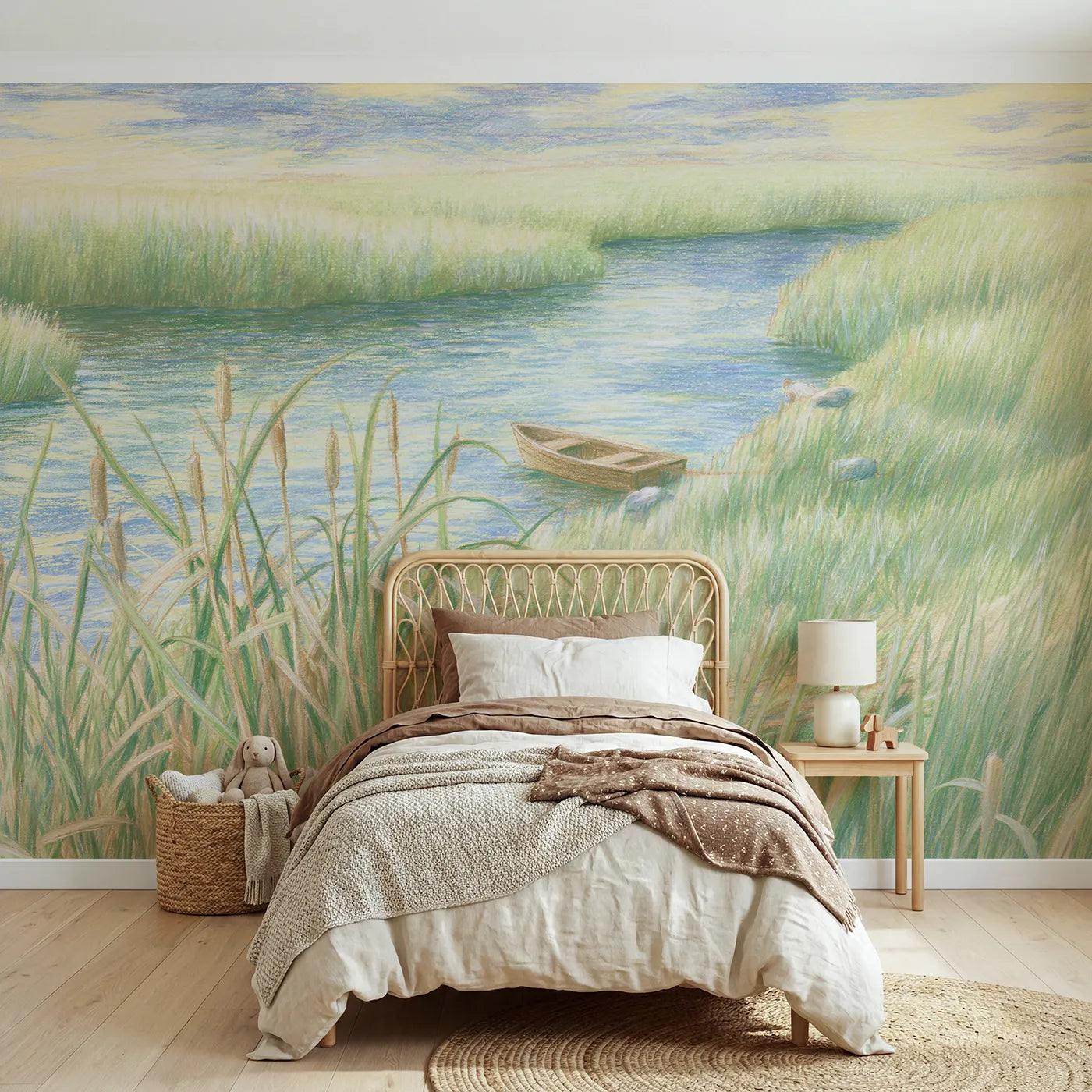 Colored pencil wall mural of riverbank animal friends on pale sage by Whimsy Tots