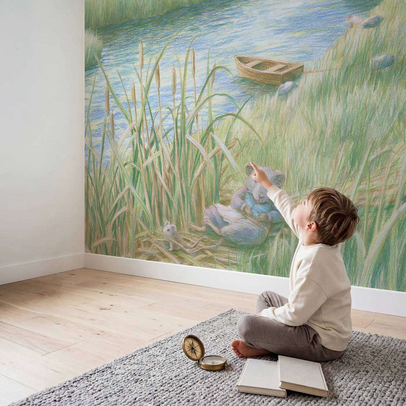 Child in nursery with Riverbank Animal Friends Wallpaper Mural by Whimsy Tots