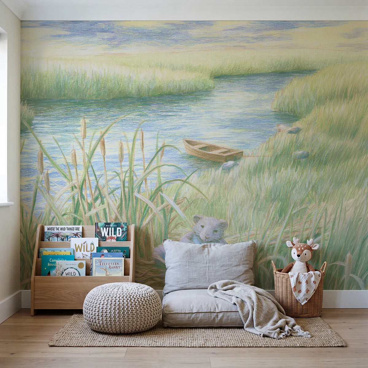 Riverbank Animal Friends Wallpaper Mural in playroom setting by Whimsy Tots