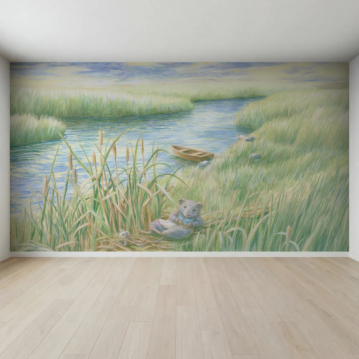 Full view of Riverbank Animal Friends Wallpaper Mural by Whimsy Tots