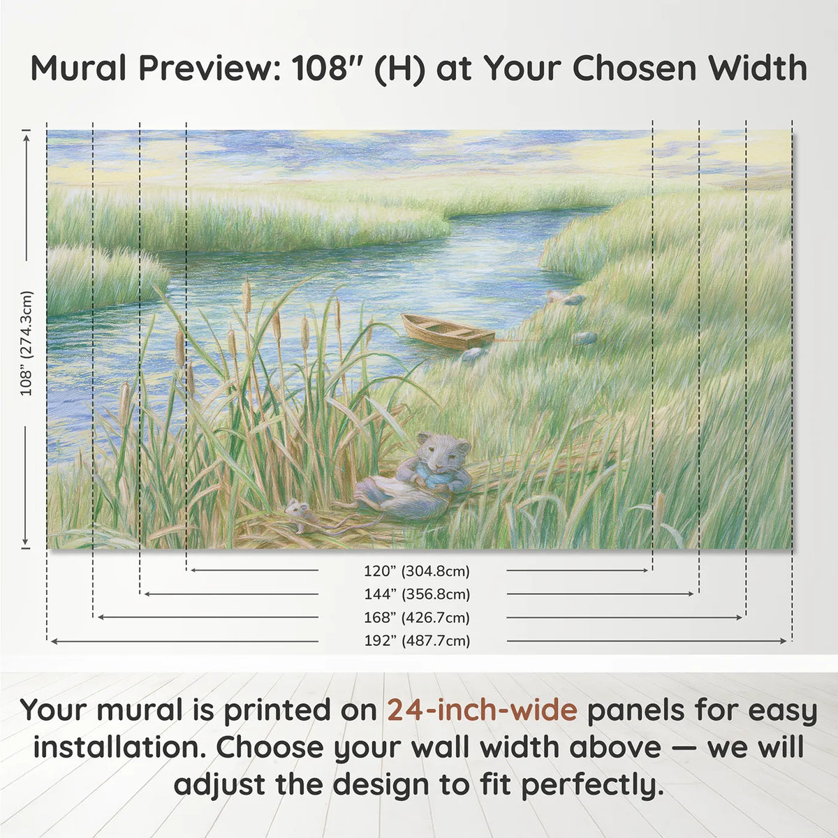 Panel layout and dimensions for Riverbank Animal Friends Wallpaper Mural by Whimsy Tots