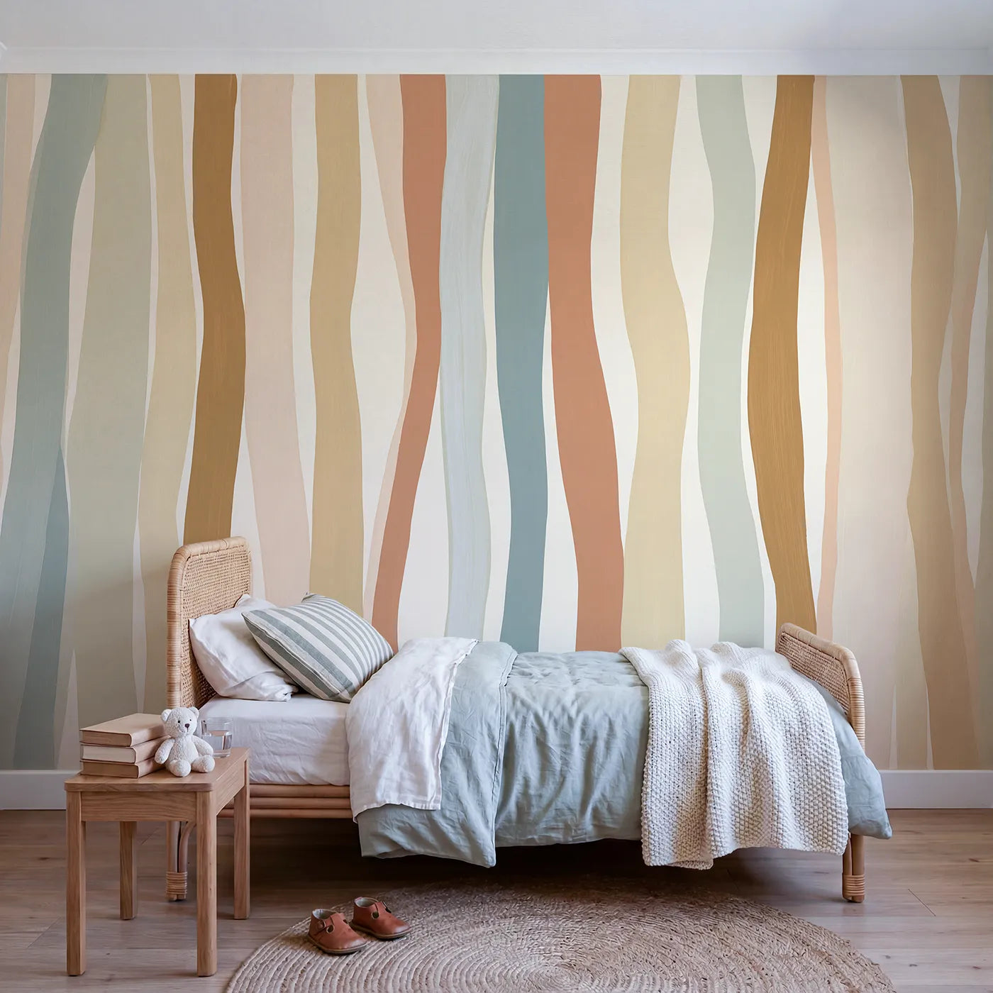 Gouache wall mural of soft raffia stripes on warm cream by Whimsy Tots