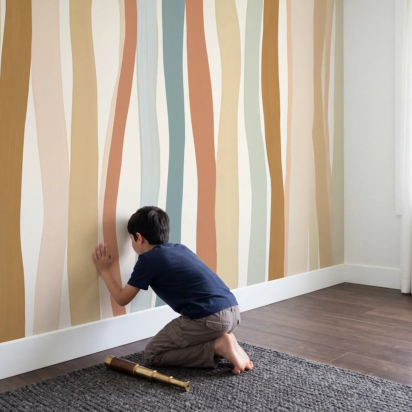 Child in nursery with Raffia Stripe Wallpaper Mural by Whimsy Tots