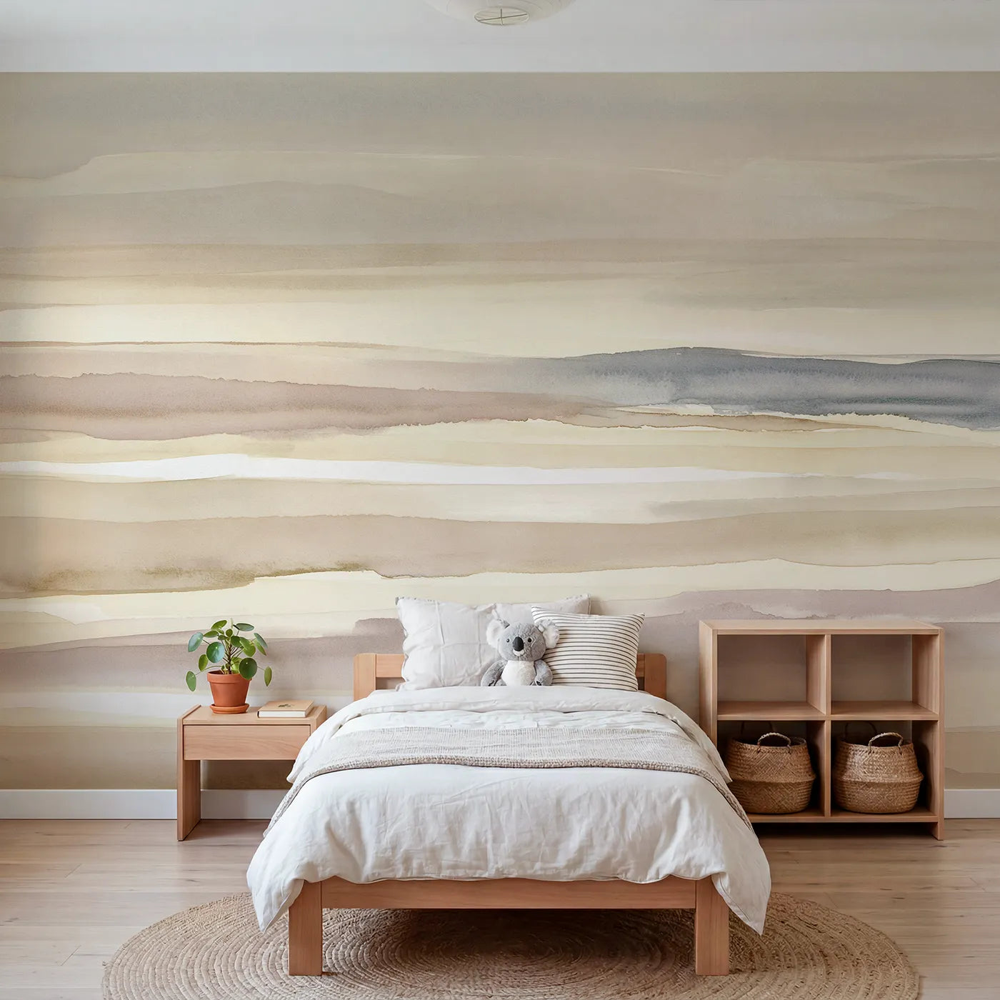 Watercolor wall mural of hushed horizon bands on warm cream by Whimsy Tots