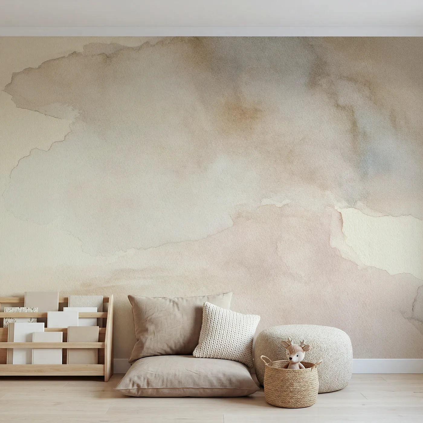 Watercolor wall mural of sage vapor fog on a warm ground by Whimsy Tots