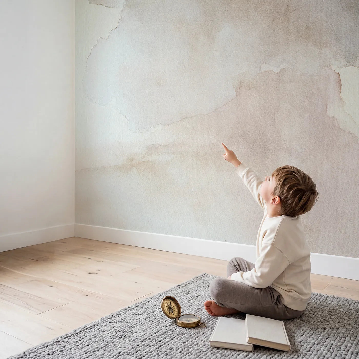 Child in nursery with Sage Vapor Wallpaper Mural by Whimsy Tots