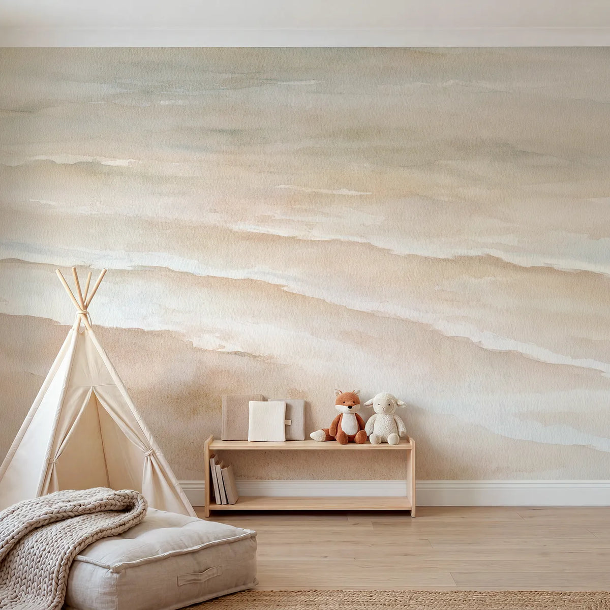 Watercolor field of settled granulating pigment, mural for a bedroom by Whimsy Tots