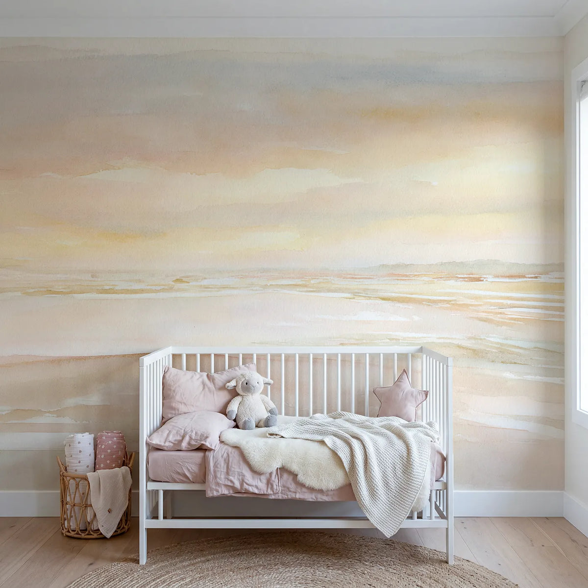 Watercolor three planes of soft wash reading as distance, mural for a nursery by Whimsy Tots