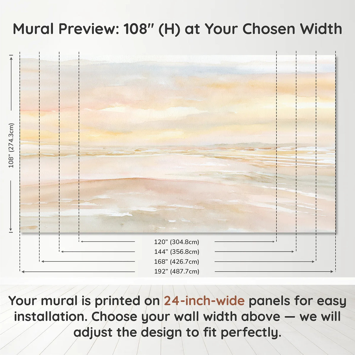 Panel layout and dimensions for Far and Near Wallpaper Mural by Whimsy Tots