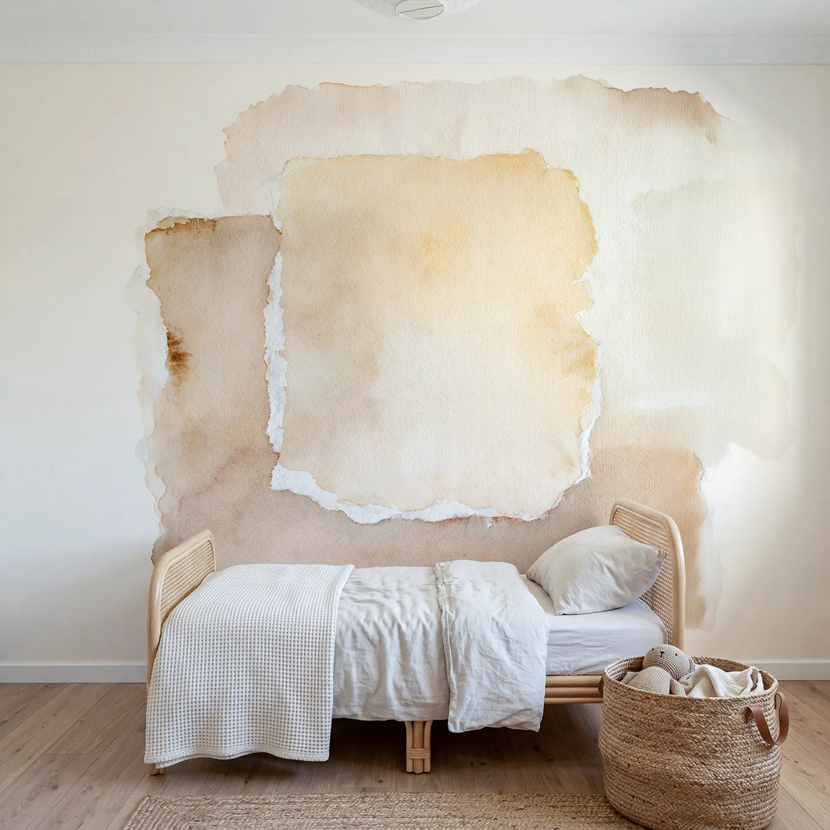 Watercolor torn-edge shapes layered front to back, mural for a big-kid bedroom by Whimsy Tots