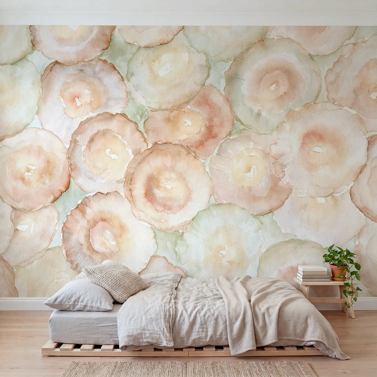 Watercolor pooled rims around pale luminous centres, mural for a playroom by Whimsy Tots