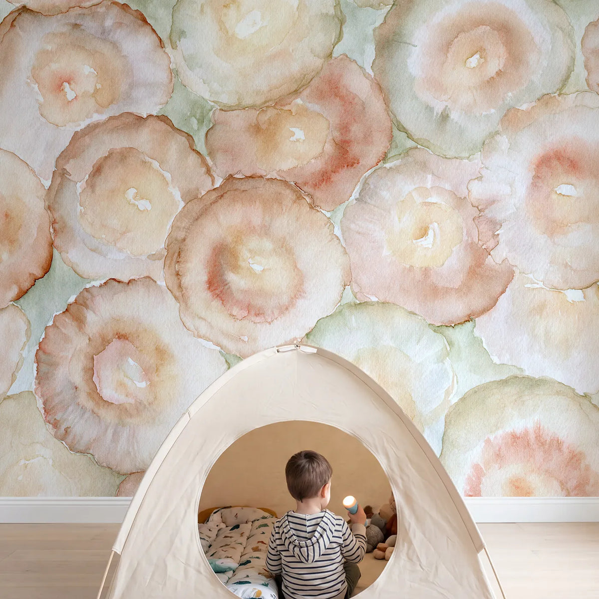 Child in nursery with Pooled Rim Wallpaper Mural by Whimsy Tots