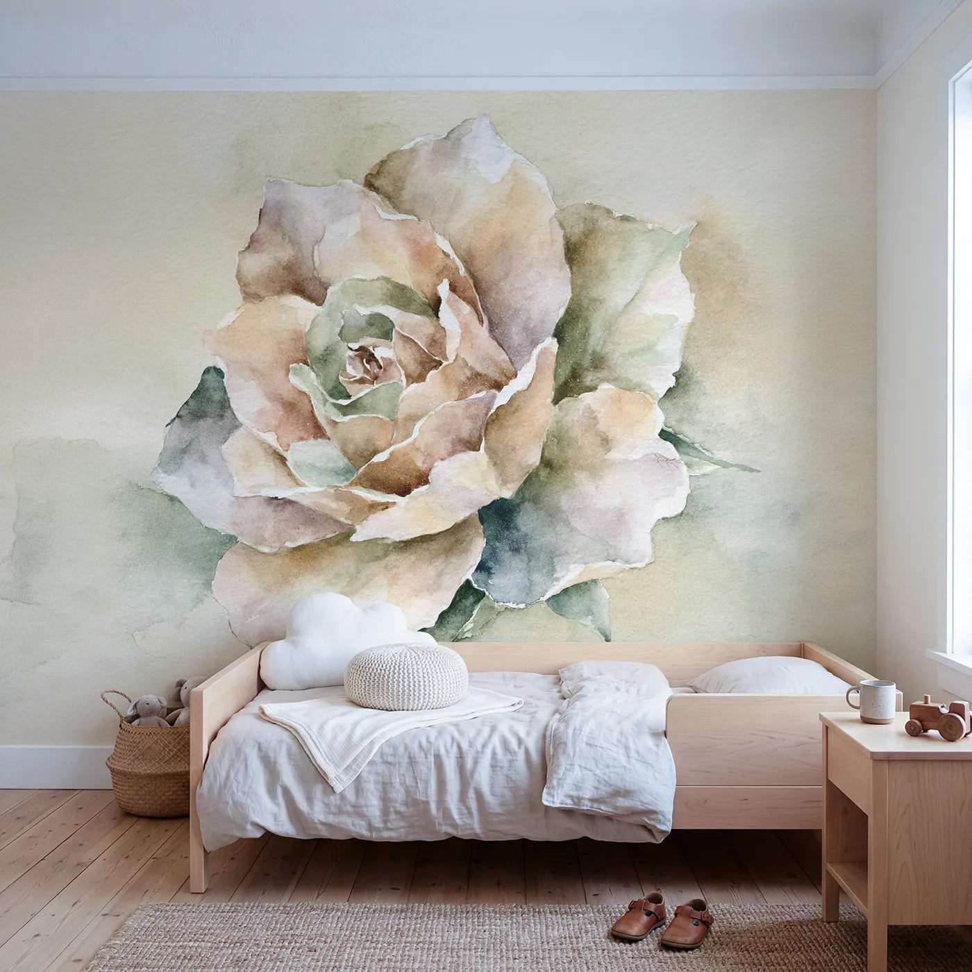 Watercolor wall mural of a single soft bloom on cool cream by Whimsy Tots