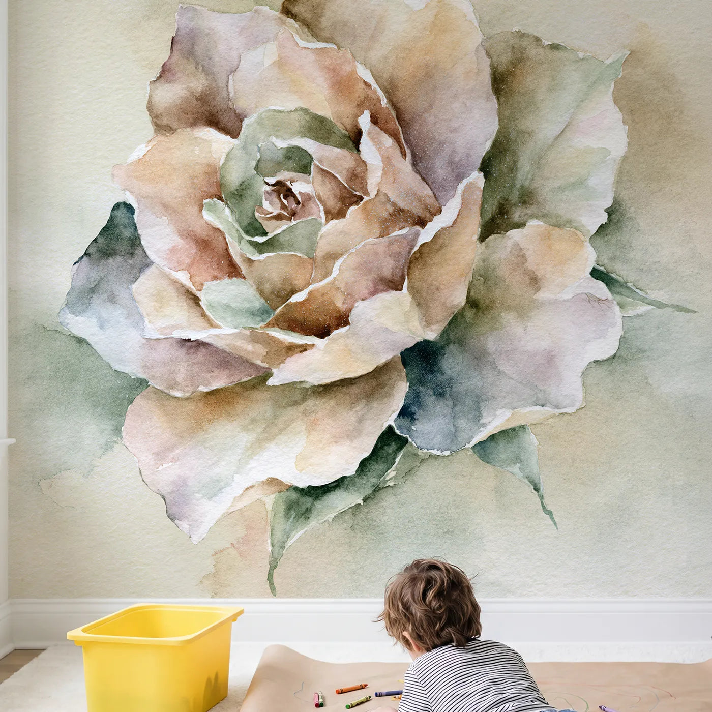 Child in nursery with Soft Bloom Wallpaper Mural by Whimsy Tots