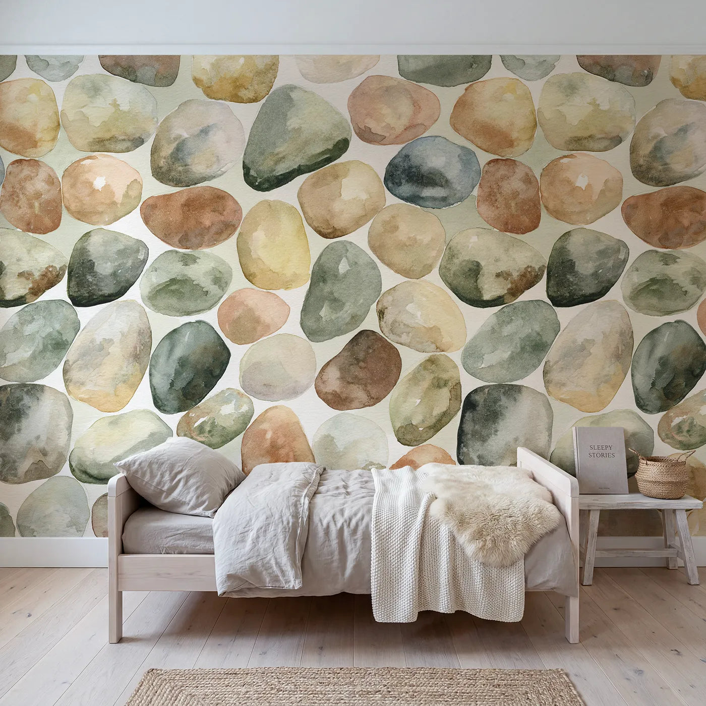 Watercolor wall mural of soft pebble forms on pale sage by Whimsy Tots