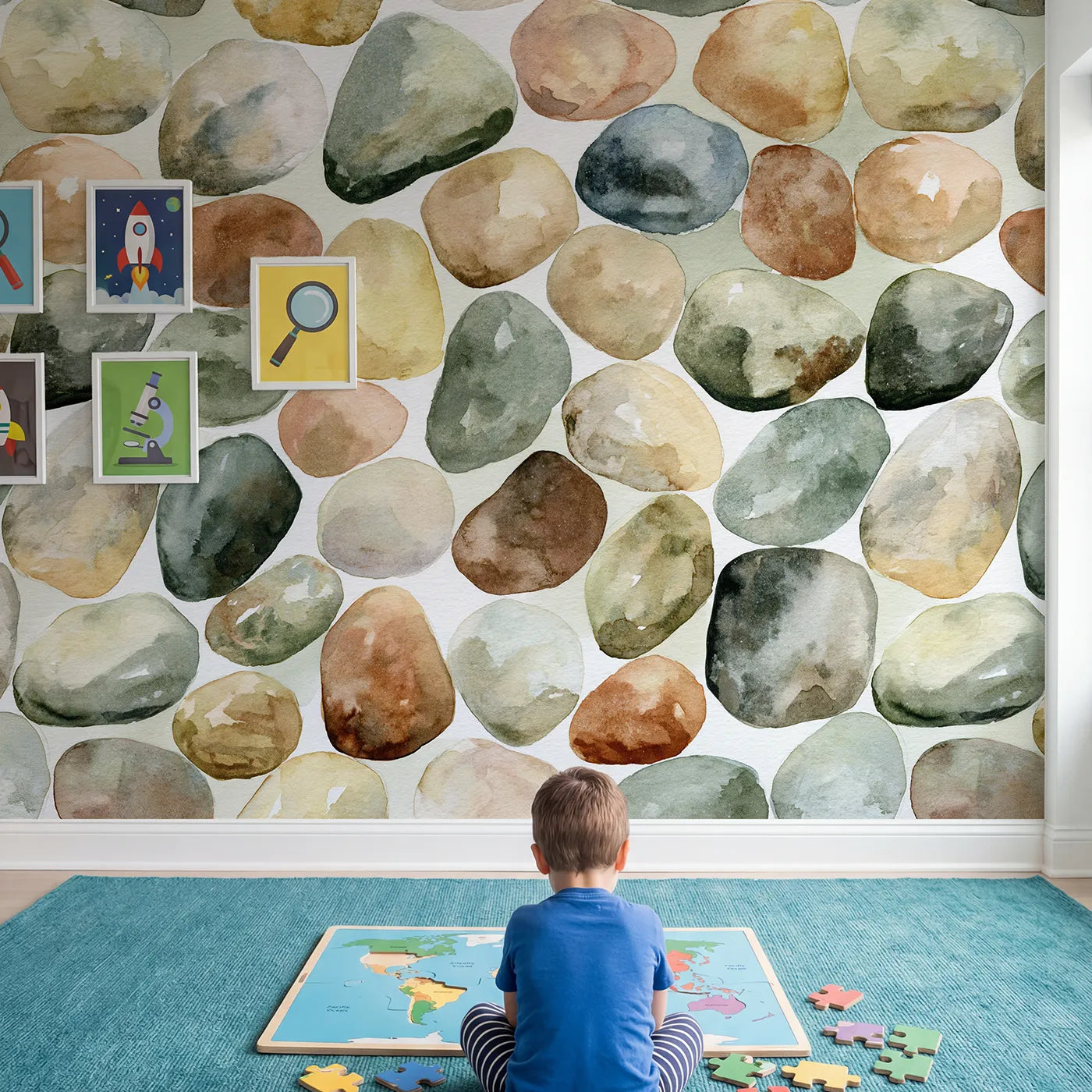 Child in nursery with Pebble Forms Wallpaper Mural by Whimsy Tots
