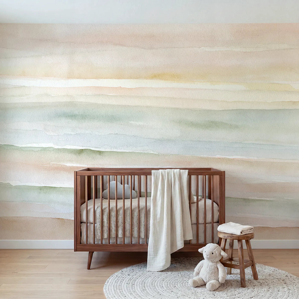 Watercolor bands of varied weight running the width, mural for a kids room by Whimsy Tots