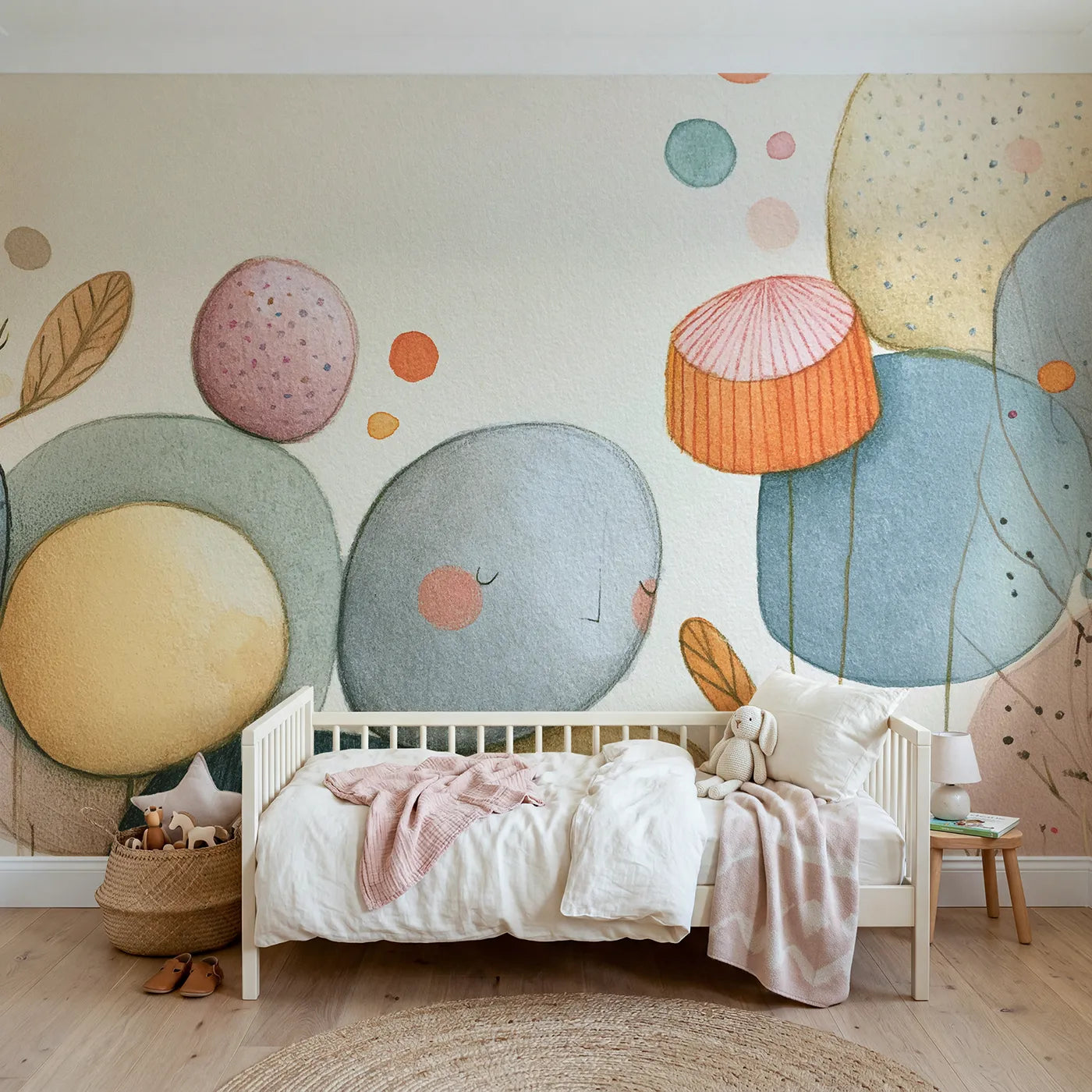 Colored pencil wall mural of a single soft contour on cool cream by Whimsy Tots