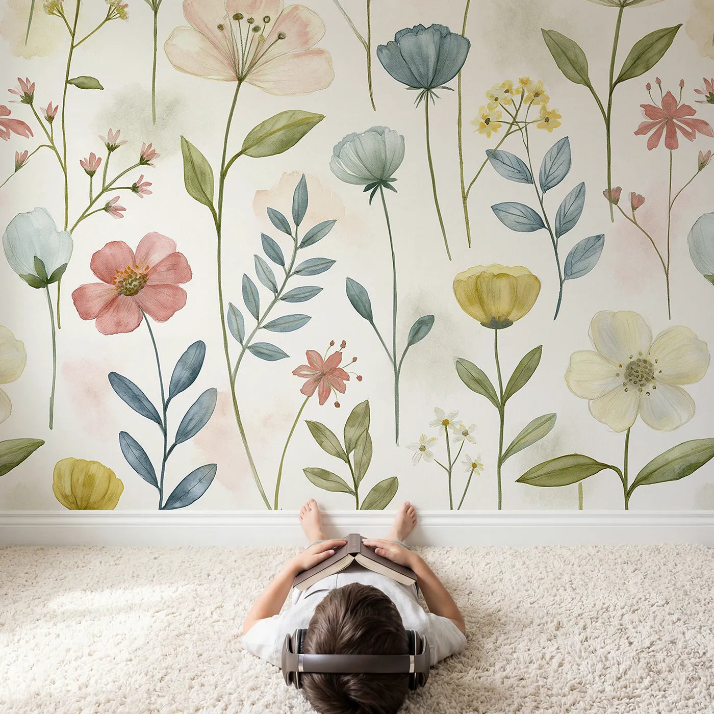 Child in nursery with Hushed Lines Wallpaper Mural by Whimsy Tots