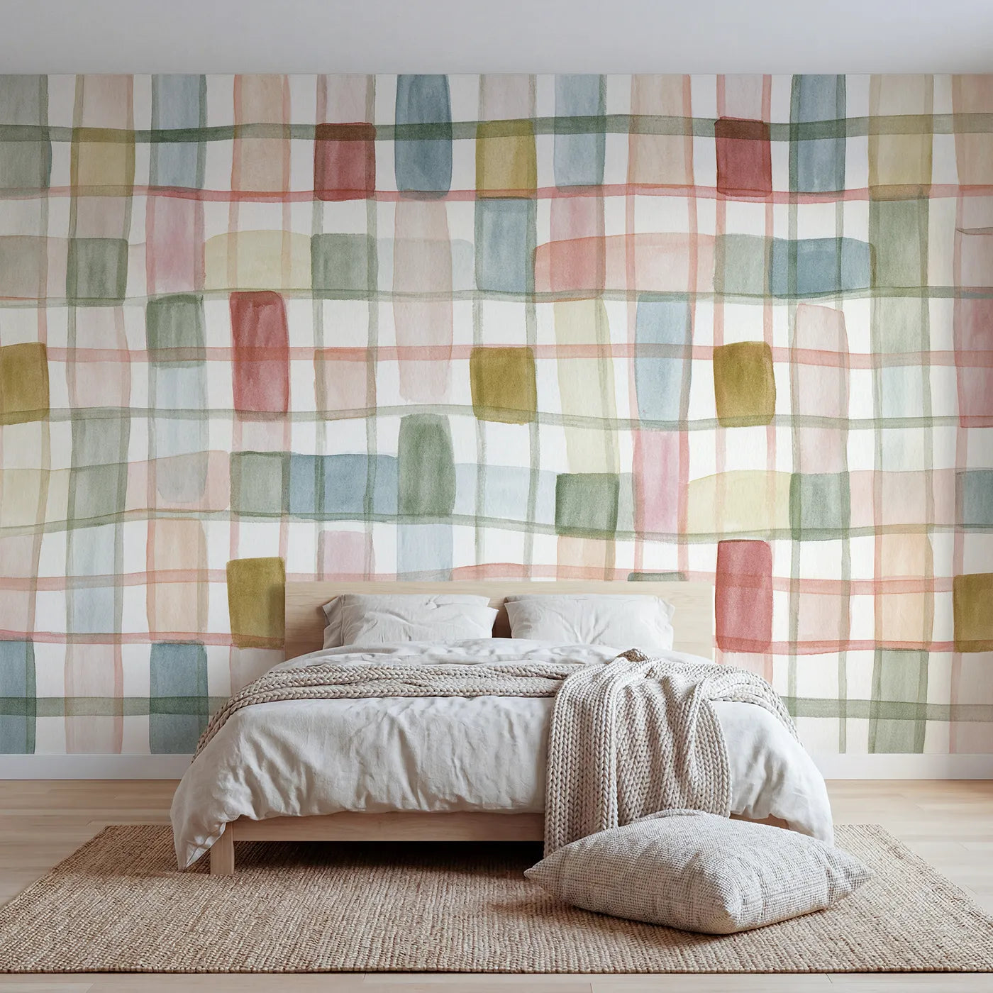 Colored pencil wall mural of a pale wobbling lattice on cool cream by Whimsy Tots