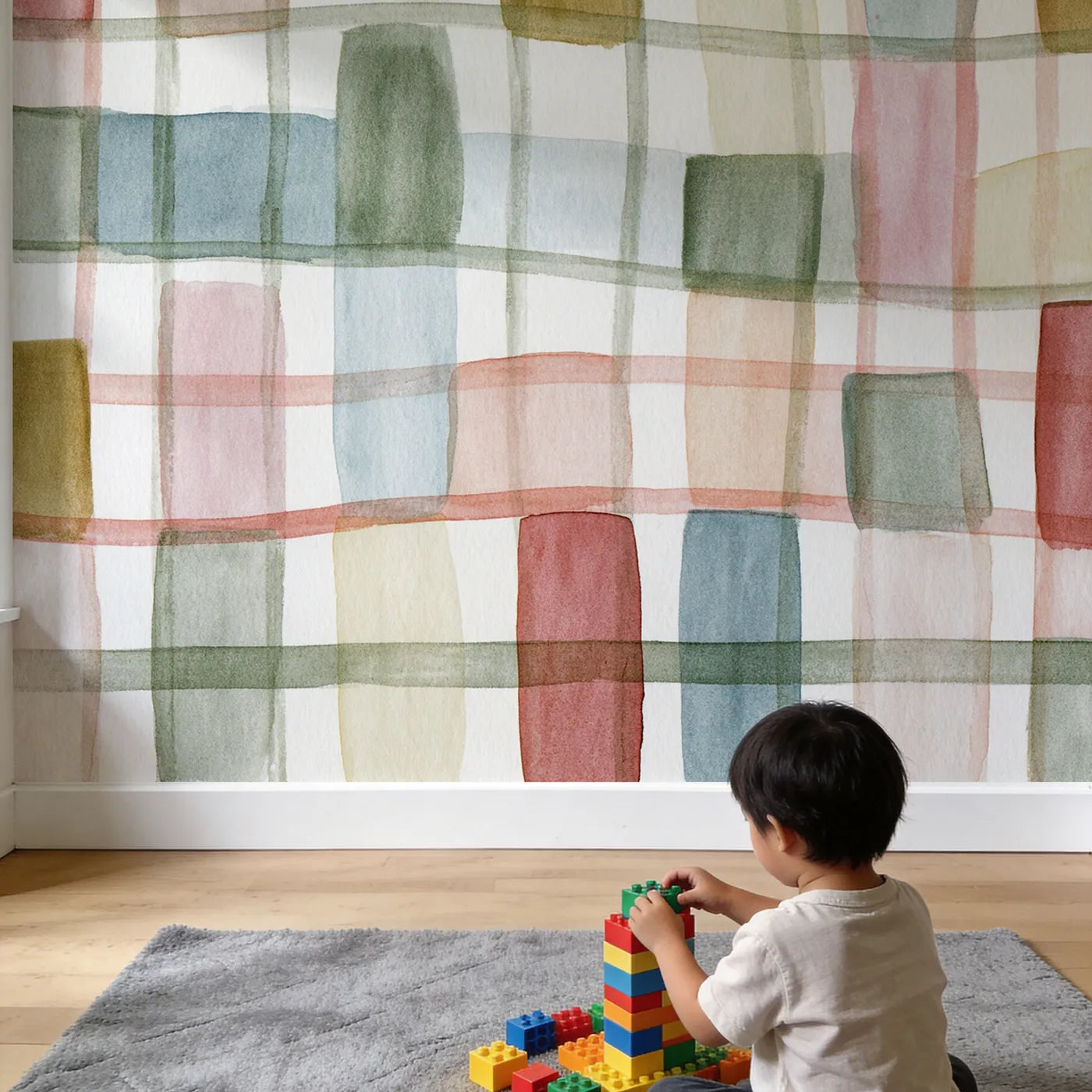 Child in nursery with Pale Lattice Wallpaper Mural by Whimsy Tots