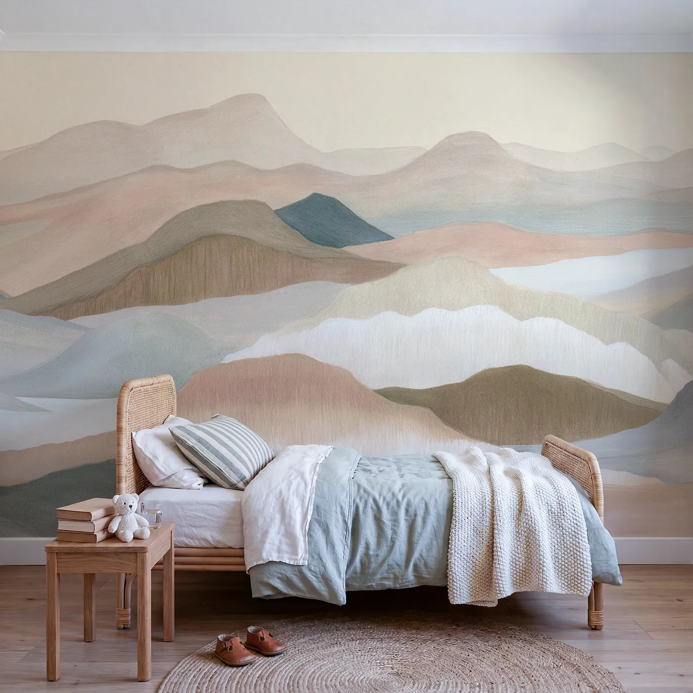 Colored pencil wall mural of drifting layered marks on warm cream by Whimsy Tots