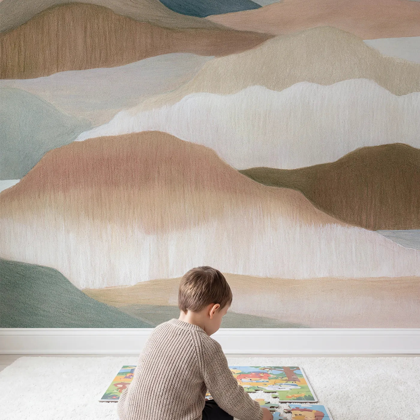 Child in nursery with Drawn Drift Wallpaper Mural by Whimsy Tots