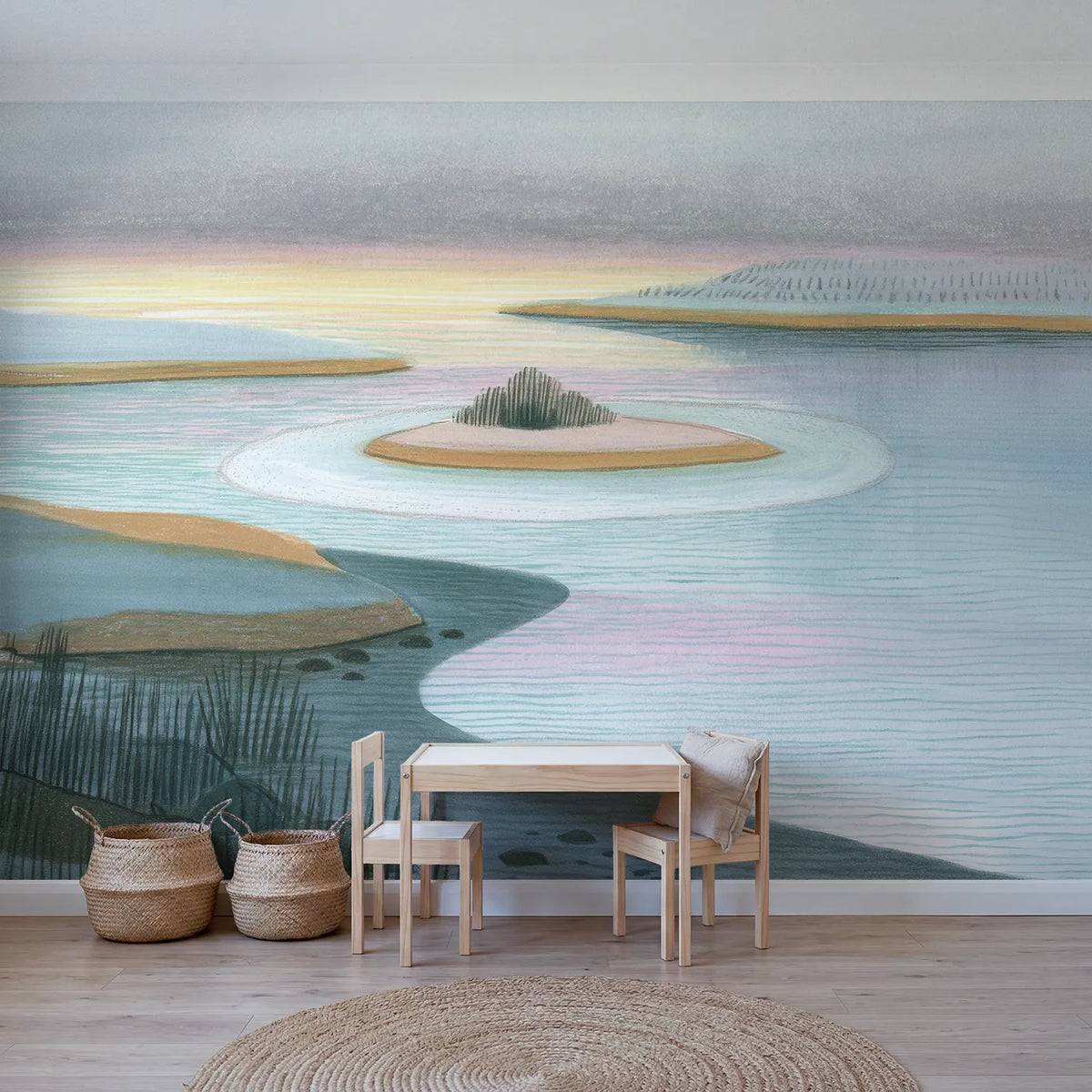 Colored pencil wall mural of a tonal line cluster on pale sage by Whimsy Tots
