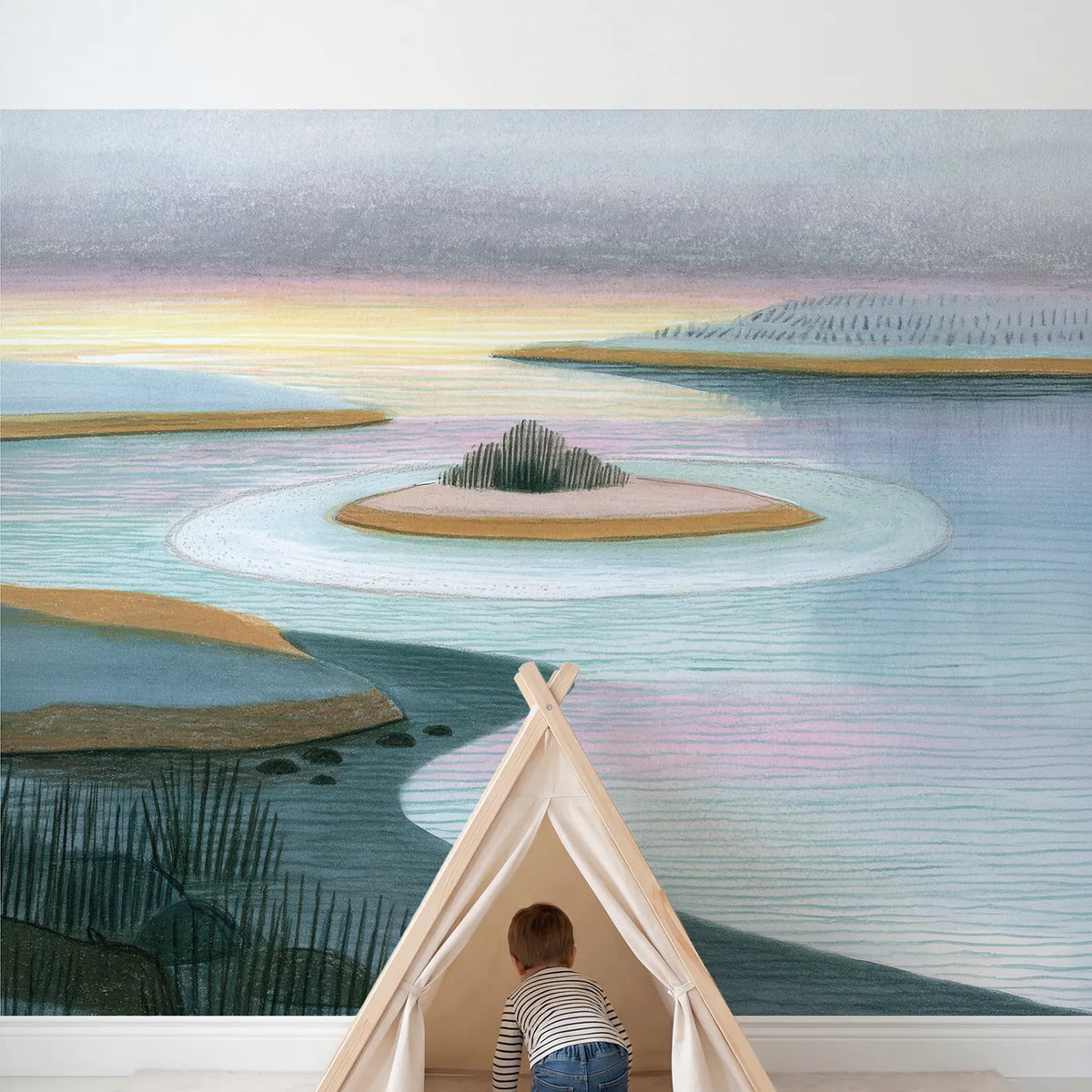 Child in nursery with Tonal Lines Wallpaper Mural by Whimsy Tots