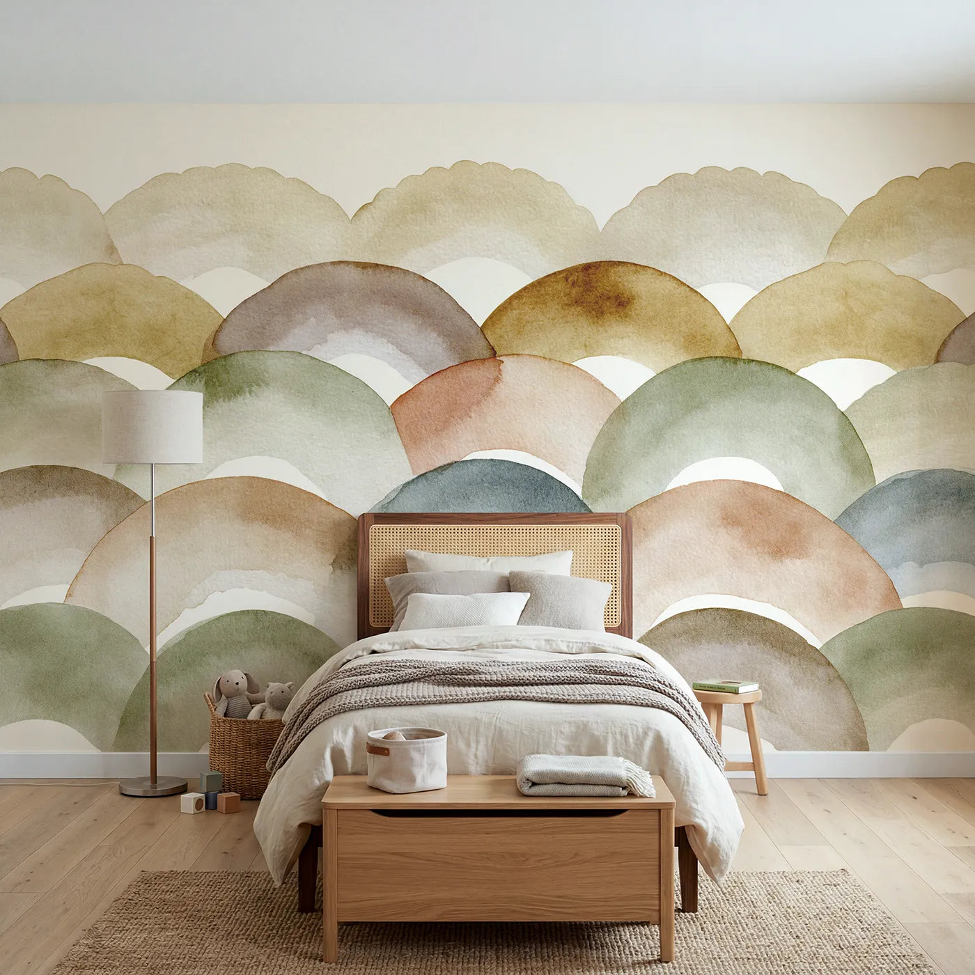 Watercolor wall mural of soft painted arches on warm cream by Whimsy Tots