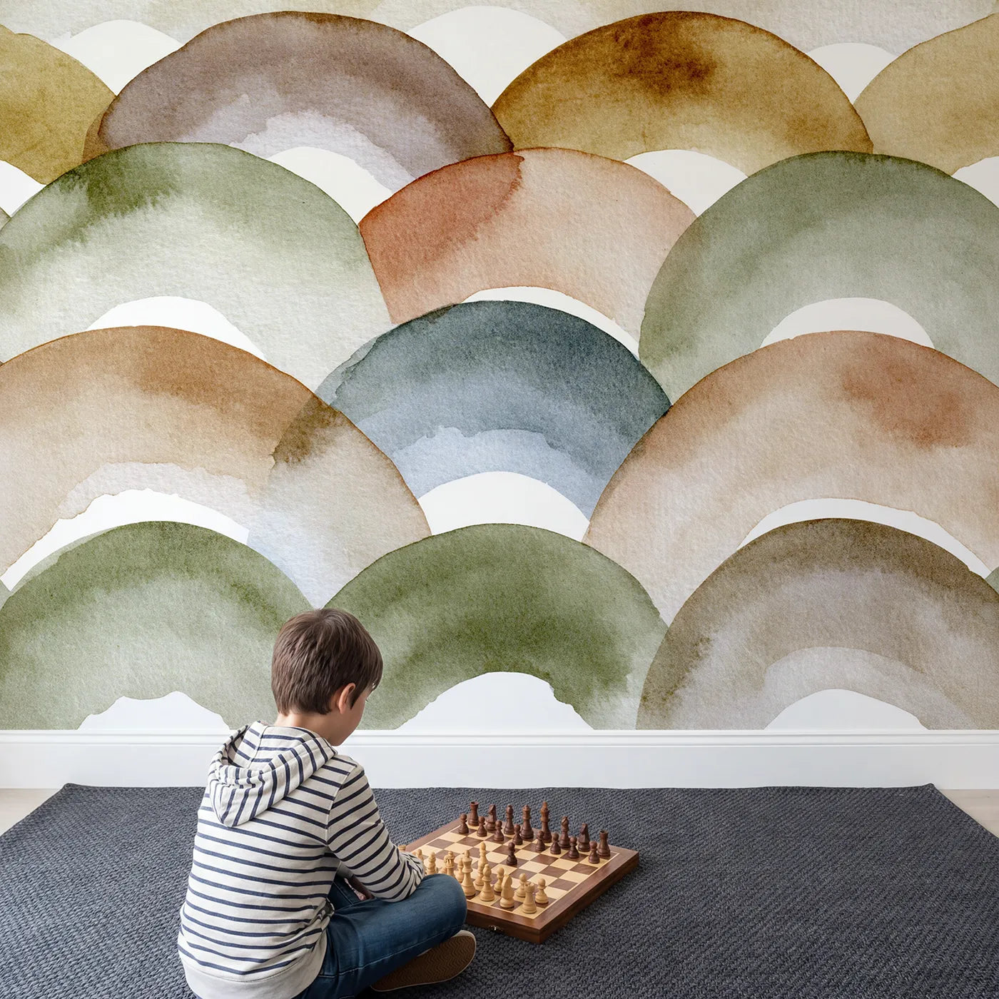 Child in nursery with Soft Arches Wallpaper Mural by Whimsy Tots