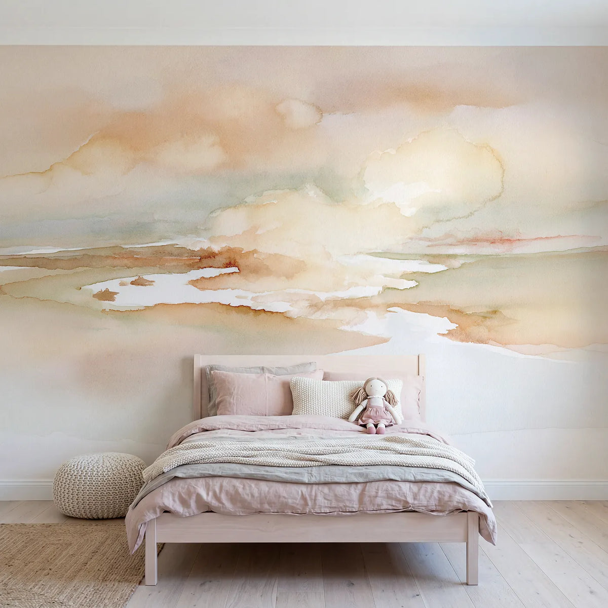 Watercolor single central form on a graded ground, mural for a bedroom by Whimsy Tots