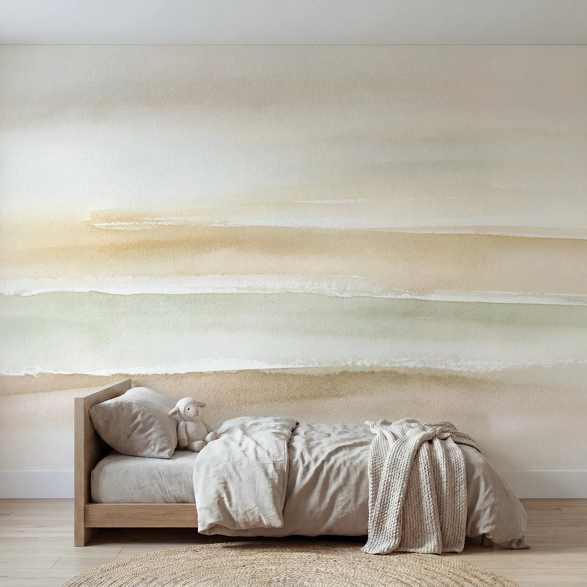Watercolor sanded-back horizontal bands, mural for a toddler room by Whimsy Tots