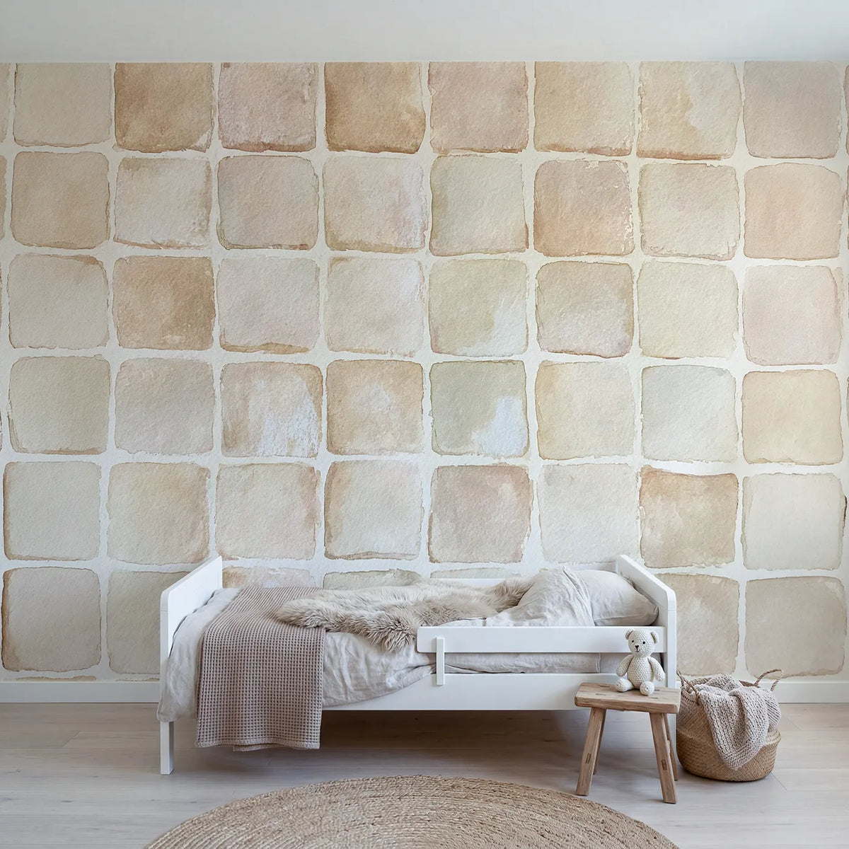 Watercolor hand-pressed block grid, mural for a kids room by Whimsy Tots