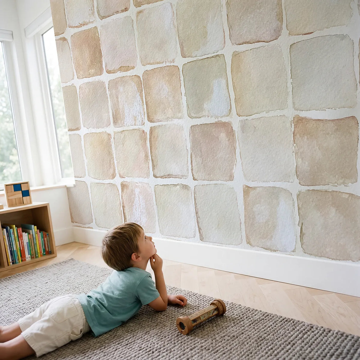 Child in nursery with Pressed Grid Wallpaper Mural by Whimsy Tots