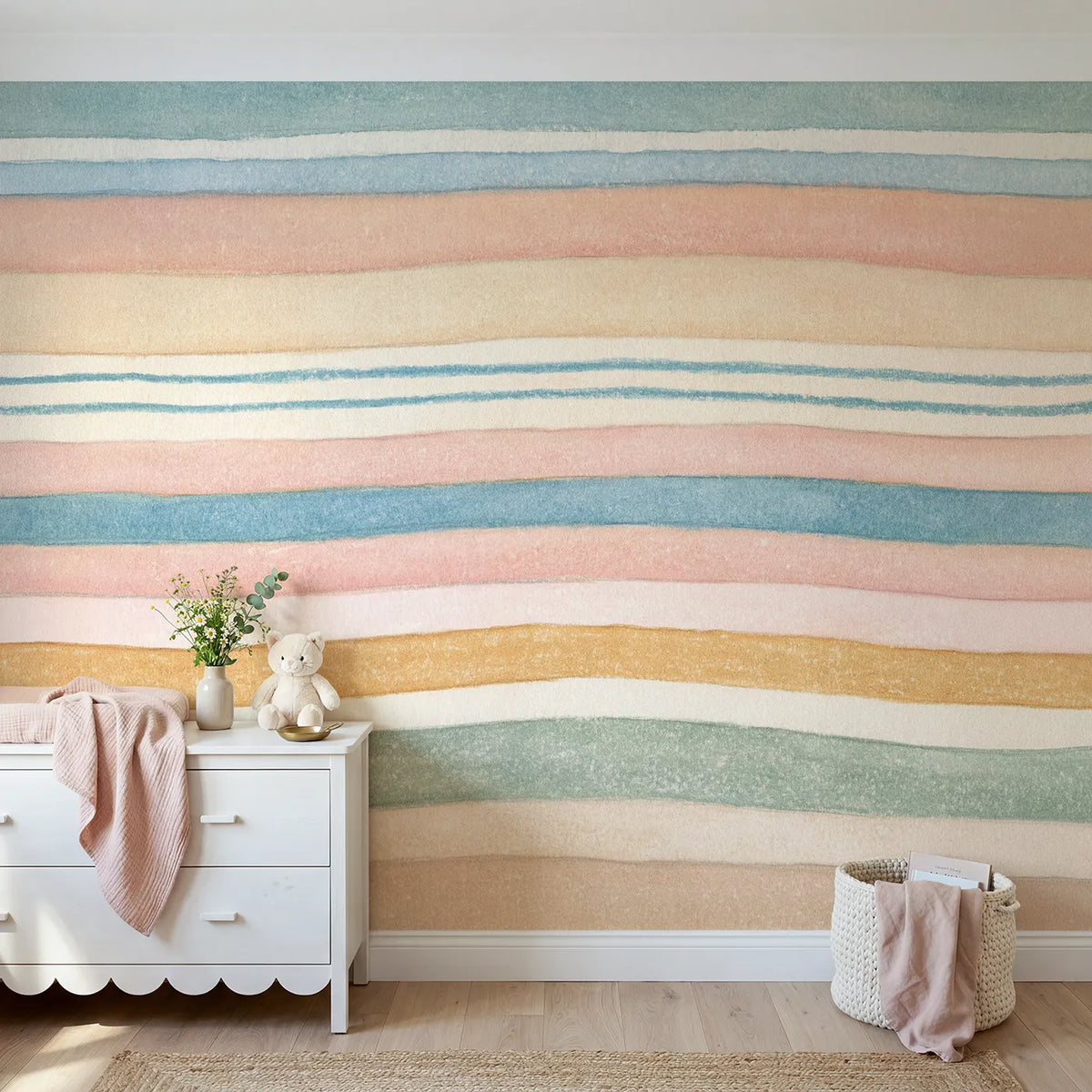 Colored Pencil hand-drawn stripes of varied width, mural for a girls room by Whimsy Tots