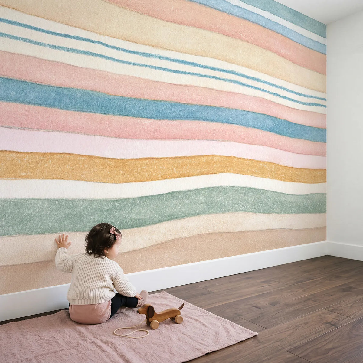 Child in nursery with Handmade Stripe Wallpaper Mural by Whimsy Tots