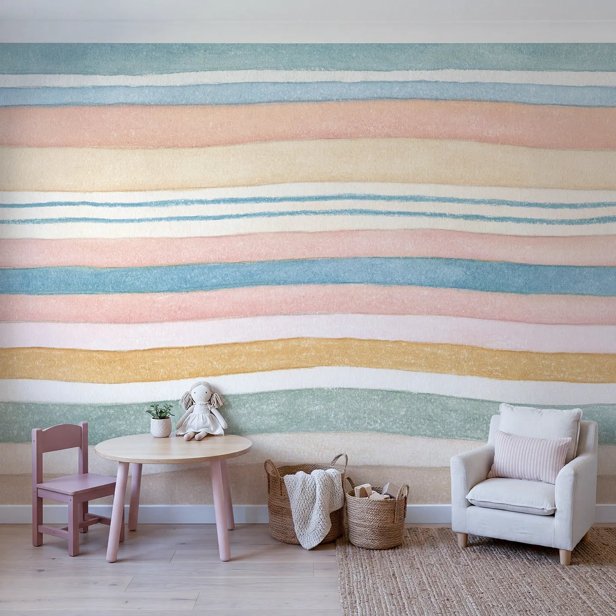 Handmade Stripe Wallpaper Mural in playroom setting by Whimsy Tots