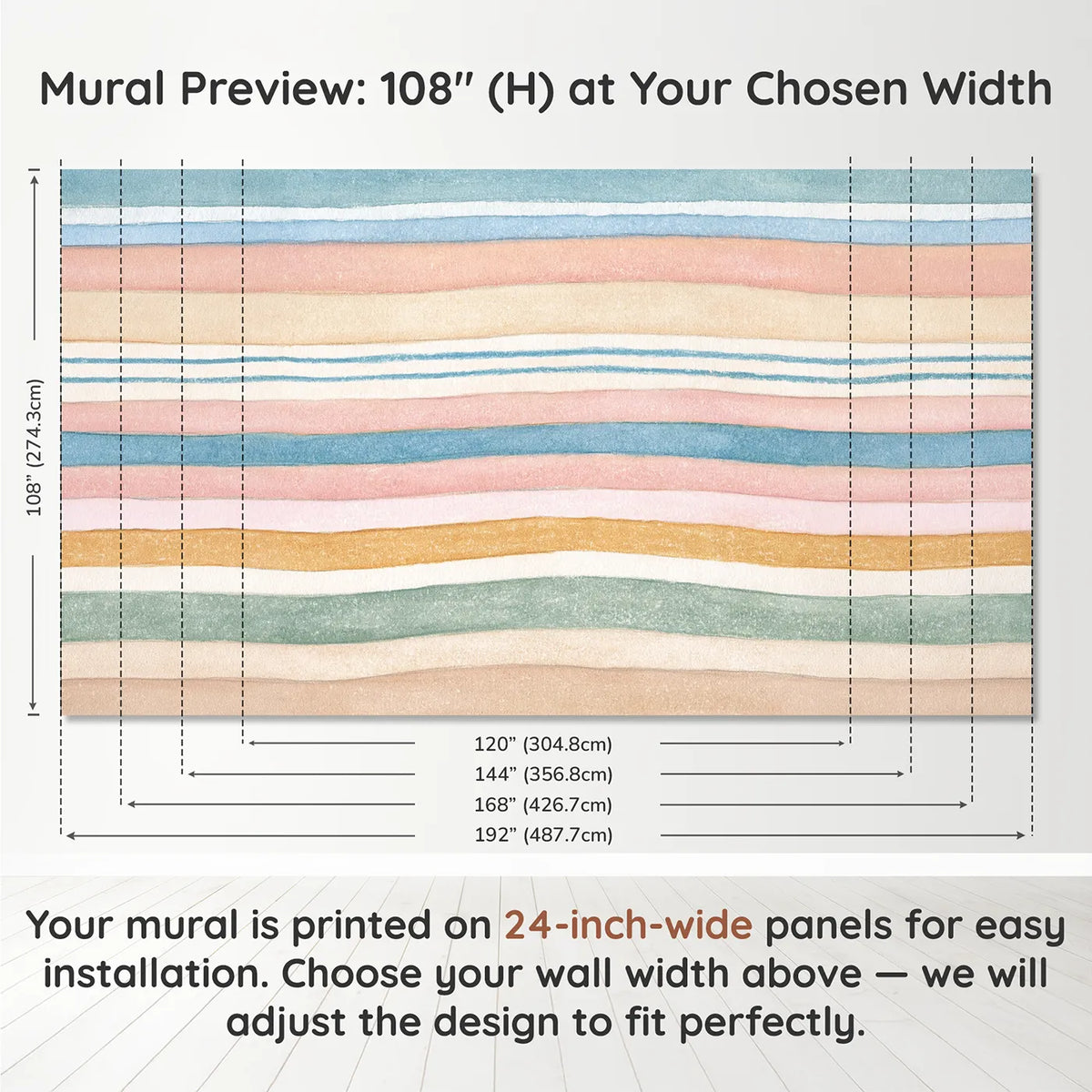 Panel layout and dimensions for Handmade Stripe Wallpaper Mural by Whimsy Tots