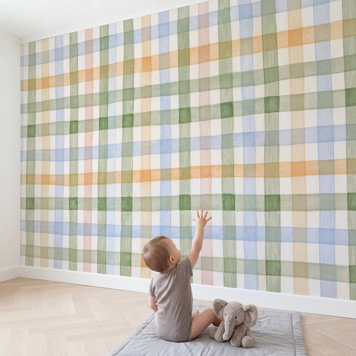 Child in nursery with Crossing Stripes Wallpaper Mural by Whimsy Tots