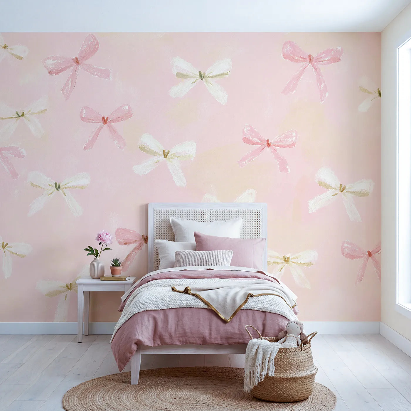 Chalk pastel wall mural of dainty ditsy ribbons on soft blush by Whimsy Tots